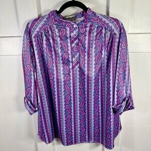 Lind Clare 44 Paisley Print Button Up Long Sleeve Blouse Top Purple Blue